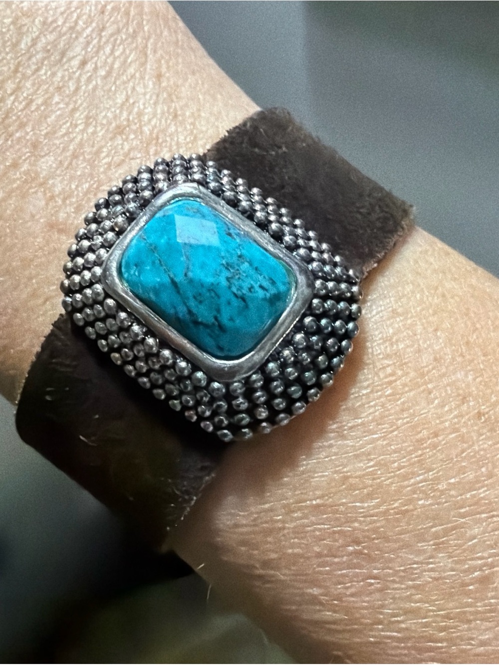 Sterling Silver Turquoise Suede Leather Adjustable Bracelet JC 925
